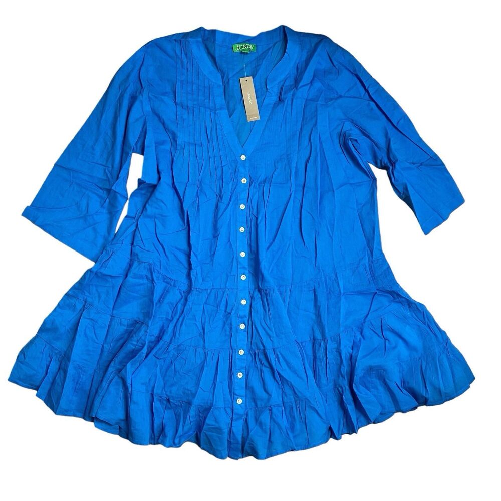 J Crew Cover Up WMNS L Blue Button Front Tiered Dress Cotton Voile Ruffle‎ Swim